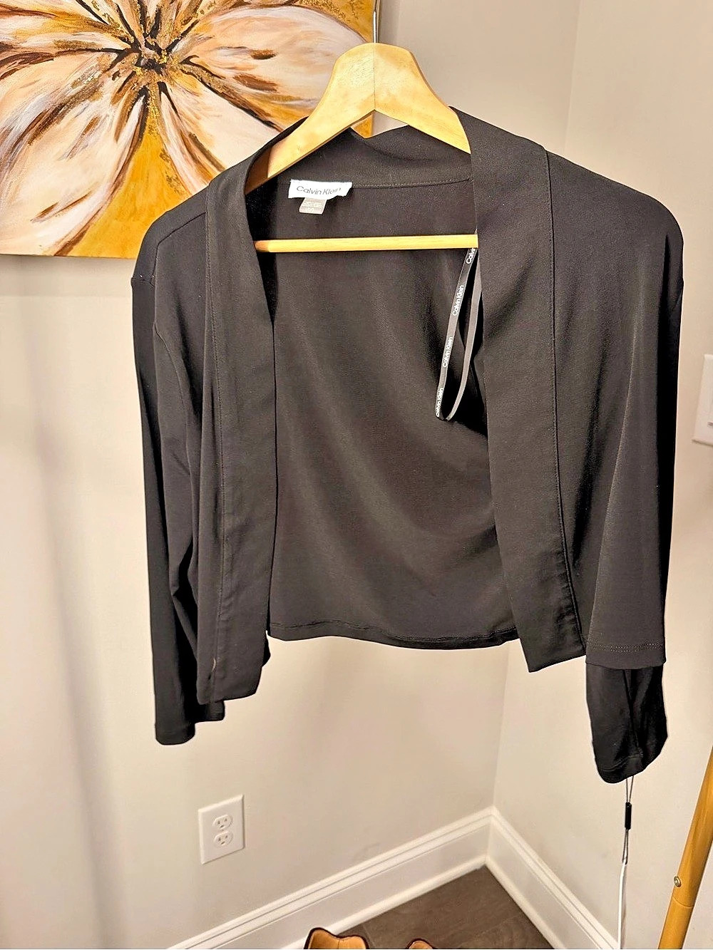 Calvin Klein 3/4 Sleeve Open Front Shrug Black Large
